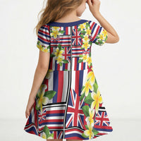 Hawaii Plumeria Lei Kid Short Sleeve Dress Hawaiian Flag Motif LT9 - Polynesian Pride