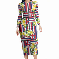 Hawaii Plumeria Lei Long Sleeve Bodycon Dress Hawaiian Flag Motif LT9 Long Dress Red - Polynesian Pride