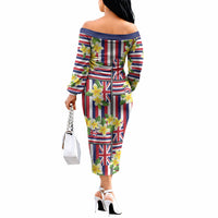 Hawaii Plumeria Lei Off The Shoulder Long Sleeve Dress Hawaiian Flag Motif LT9 - Polynesian Pride