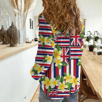 Hawaii Plumeria Lei Women Casual Shirt Hawaiian Flag Motif