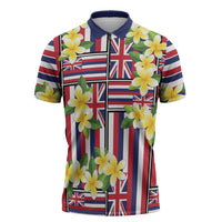 Hawaii Plumeria Lei Zipper Polo Shirt Hawaiian Flag Motif