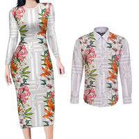 Hawaii Tropical Twist Lei Couples Matching Long Sleeve Bodycon Dress and Long Sleeve Button Shirt Hawaiian Flag Motif LT9 White - Polynesian Pride