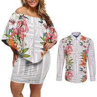 Hawaii Tropical Twist Lei Couples Matching Off Shoulder Short Dress and Long Sleeve Button Shirt Hawaiian Flag Motif