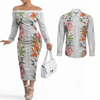 Hawaii Tropical Twist Lei Couples Matching Off The Shoulder Long Sleeve Dress and Long Sleeve Button Shirt Hawaiian Flag Motif LT9 White - Polynesian Pride