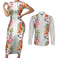 Hawaii Tropical Twist Lei Couples Matching Short Sleeve Bodycon Dress and Long Sleeve Button Shirt Hawaiian Flag Motif LT9 White - Polynesian Pride