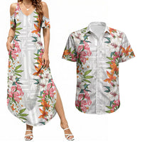 Hawaii Tropical Twist Lei Couples Matching Summer Maxi Dress and Hawaiian Shirt Hawaiian Flag Motif LT9 White - Polynesian Pride