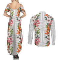 Hawaii Tropical Twist Lei Couples Matching Summer Maxi Dress and Long Sleeve Button Shirt Hawaiian Flag Motif