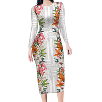 Hawaii Tropical Twist Lei Family Matching Long Sleeve Bodycon Dress and Hawaiian Shirt Hawaiian Flag Motif LT9 Mom's Dress White - Polynesian Pride