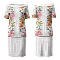 Hawaii Tropical Twist Lei Family Matching Puletasi and Hawaiian Shirt Hawaiian Flag Motif LT9 Mom's Dress White - Polynesian Pride