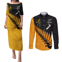 Custom Australia Wallabies and Aotearoa Rugby Couples Matching Puletasi Dress and Long Sleeve Button Shirts Kangaroo Black Fern Maori Gold Vibe LT9 Gold - Polynesian Pride