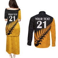 Custom Australia Wallabies and Aotearoa Rugby Couples Matching Puletasi Dress and Long Sleeve Button Shirts Kangaroo Black Fern Maori Gold Vibe LT9 - Polynesian Pride