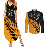 Custom Australia Wallabies and Aotearoa Rugby Couples Matching Summer Maxi Dress and Long Sleeve Button Shirts Kangaroo Black Fern Maori Gold Vibe LT9 Gold - Polynesian Pride