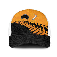 Australia New Zealand Rugby Mesh Trucker Cap Gold Aboriginal Wallabies and Maori Black Fern - Polynesian Pride
