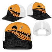 Australia New Zealand Rugby Mesh Trucker Cap Gold Aboriginal Wallabies and Maori Black Fern - Polynesian Pride