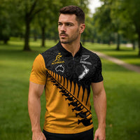 Australia New Zealand Rugby Zipper Polo Shirt Gold Aboriginal Wallabies and Maori Black Fern LT9 - Polynesian Pride
