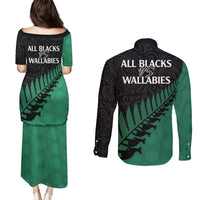 Australia Wallabies and Aotearoa Rugby Couples Matching Puletasi Dress and Long Sleeve Button Shirts Kangaroo Black Fern Maori Green Vibe LT9 - Polynesian Pride