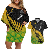 Australia Wallabies and Aotearoa Rugby Couples Matching Off Shoulder Short Dress and Hawaiian Shirt Kangaroo Black Fern Maori Gradient Vibe LT9 Gradient - Polynesian Pride