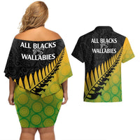 Australia Wallabies and Aotearoa Rugby Couples Matching Off Shoulder Short Dress and Hawaiian Shirt Kangaroo Black Fern Maori Gradient Vibe LT9 - Polynesian Pride