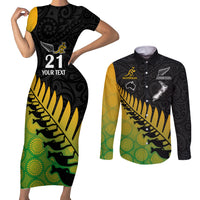 Custom Australia Wallabies and Aotearoa Rugby Couples Matching Short Sleeve Bodycon Dress and Long Sleeve Button Shirts Kangaroo Black Fern Maori Gradient Vibe LT9 Gradient - Polynesian Pride