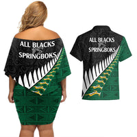 South Africa and Aotearoa Rugby Couples Matching Off Shoulder Short Dress and Hawaiian Shirt Springboks Black Fern Maori Vibe LT9 - Polynesian Pride