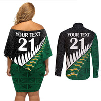 Custom South Africa and Aotearoa Rugby Couples Matching Off Shoulder Short Dress and Long Sleeve Button Shirts Springboks Black Fern Maori Vibe LT9 - Polynesian Pride