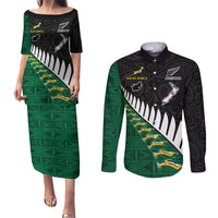 Custom South Africa and Aotearoa Rugby Couples Matching Puletasi Dress and Long Sleeve Button Shirts Springboks Black Fern Maori Vibe LT9 Black - Polynesian Pride