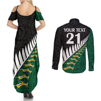 Custom South Africa and Aotearoa Rugby Couples Matching Summer Maxi Dress and Long Sleeve Button Shirts Springboks Black Fern Maori Vibe LT9 - Polynesian Pride