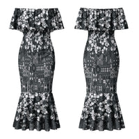 Black Hawaiian Tapa Tribal Hibiscus Couples Matching Mermaid Dress and Hawaiian Shirt