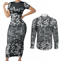 Black Hawaiian Tapa Tribal Hibiscus Couples Matching Short Sleeve Bodycon Dress and Long Sleeve Button Shirt