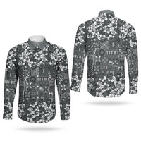 Black Hawaiian Tapa Tribal Hibiscus Couples Matching Short Sleeve Bodycon Dress and Long Sleeve Button Shirt