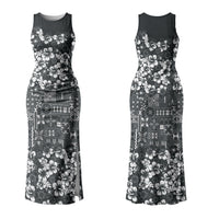 Black Hawaiian Tapa Tribal Hibiscus Couples Matching Tank Maxi Dress and Long Sleeve Button Shirt