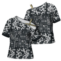 Black Hawaiian Tapa Tribal Hibiscus Cross Shoulder Shirt