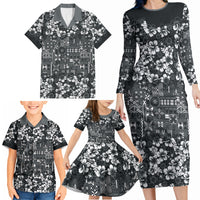 Black Hawaiian Tapa Tribal Hibiscus Family Matching Long Sleeve Bodycon Dress and Hawaiian Shirt