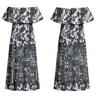 Black Hawaiian Tapa Tribal Hibiscus Family Matching Off Shoulder Maxi Dress and Hawaiian Shirt