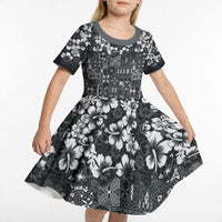 Black Hawaiian Tapa Tribal Hibiscus Kid Short Sleeve Dress