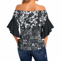 Black Hawaiian Tapa Tribal Hibiscus Off Shoulder Wrap Waist Top LT9 - Polynesian Pride