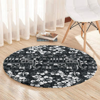 Black Hawaiian Tapa Tribal Hibiscus Round Carpet