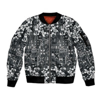 Black Hawaiian Tapa Tribal Hibiscus Sleeve Zip Bomber Jacket