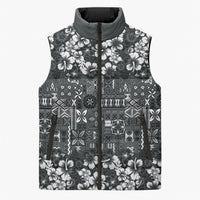 Black Hawaiian Tapa Tribal Hibiscus Sleeveless Puffer Jacket