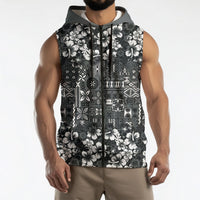 Black Hawaiian Tapa Tribal Hibiscus Sleeveless Zip Hoodie