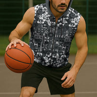 Black Hawaiian Tapa Tribal Hibiscus Sleeveless Zip Hoodie