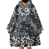 Black Hawaiian Tapa Tribal Hibiscus Wearable Blanket Hoodie