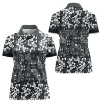 Black Hawaiian Tapa Tribal Hibiscus Women Polo Shirt