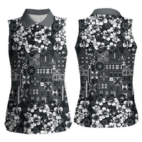 Black Hawaiian Tapa Tribal Hibiscus Women Sleeveless Polo Shirt