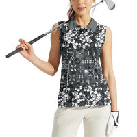 Black Hawaiian Tapa Tribal Hibiscus Women Sleeveless Polo Shirt