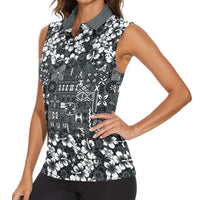 Black Hawaiian Tapa Tribal Hibiscus Women Sleeveless Polo Shirt