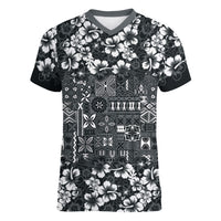 Black Hawaiian Tapa Tribal Hibiscus Women V-Neck T-Shirt