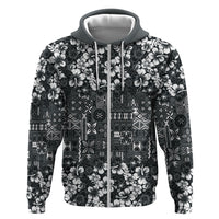 Black Hawaiian Tapa Tribal Hibiscus Zip Hoodie