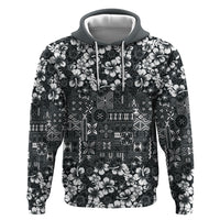 Black Hawaiian Tapa Tribal Hibiscus Zip Hoodie