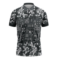 Black Hawaiian Tapa Tribal Hibiscus Zipper Polo Shirt